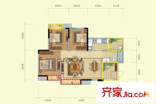 中鐵天宏康郡1期3棟標(biāo)準(zhǔn)層B戶型 3室2廳1衛(wèi)1廚