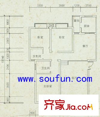 美聯(lián)國(guó)際公寓一期2棟標(biāo)準(zhǔn)層B戶(hù)型（售罄） 3室2廳2衛(wèi)1廚