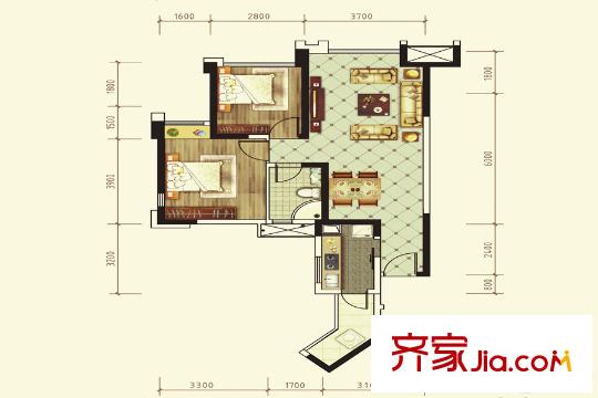 嘉祥瑞庭南城6棟標(biāo)準(zhǔn)層B6戶型圖 2室2廳1衛(wèi)1廚