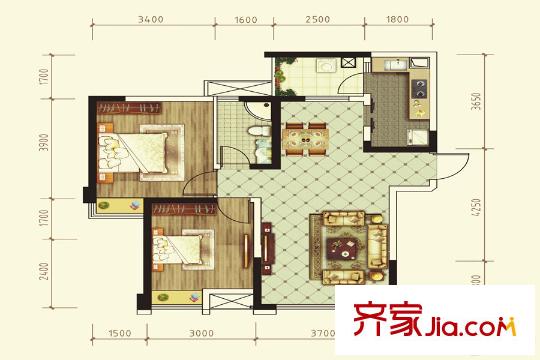 嘉祥瑞庭南城6棟標準層B2戶型圖 2室2廳1衛(wèi)1廚