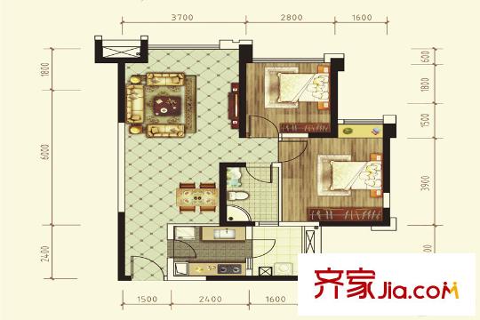 嘉祥瑞庭南城6棟標準層B5戶型圖 2室2廳1衛(wèi)1廚