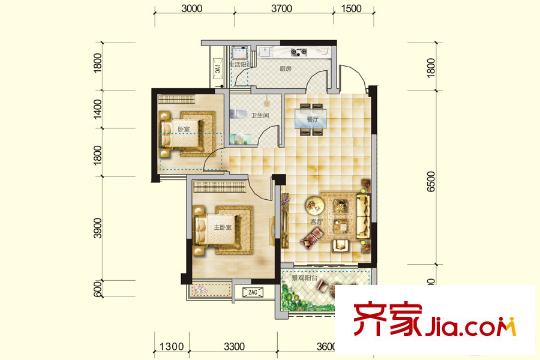 南城錦尚一期1號樓標(biāo)準(zhǔn)層1-2-A1-4戶型 2室2廳1衛(wèi)1廚