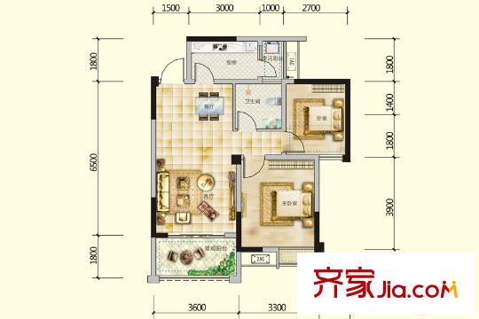南城錦尚一期1號樓標(biāo)準(zhǔn)層1-2-A1-3戶型 2室1廳1衛(wèi)1廚