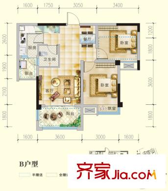 南城錦尚一期3號樓標(biāo)準(zhǔn)層B戶型(售罄) 2室2廳1衛(wèi)1廚