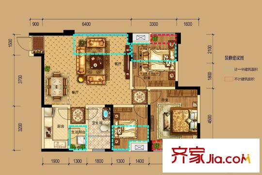 保利獅子湖香樟郡7、8棟A3戶型 3室2廳1衛(wèi)1廚