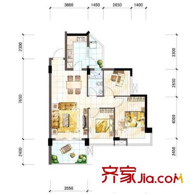 雅居樂十里花巷二期5號樓標(biāo)準(zhǔn)層H1-1戶型（售罄） 2室2廳1衛(wèi)1廚