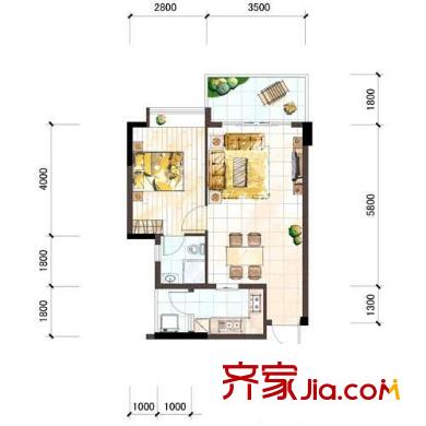 雅居樂十里花巷二期5號樓標(biāo)準(zhǔn)層E1-1戶型（售罄） 1室2廳1衛(wèi)1廚