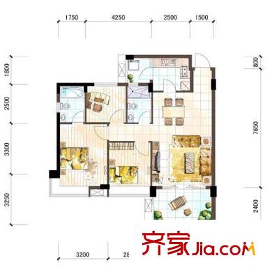 雅居樂十里花巷二期5號樓標(biāo)準(zhǔn)層H1-2戶型（售罄） 2室2廳2衛(wèi)1廚