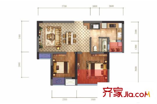 藍(lán)光圣菲悅城1期1批次2-11棟標(biāo)準(zhǔn)層A4戶型 2室1廳1衛(wèi)1廚