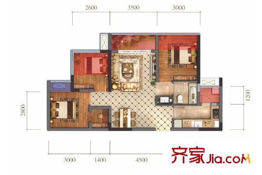 藍(lán)光圣菲悅城1期1批次2-11棟標(biāo)準(zhǔn)層A2戶型 3室2廳1衛(wèi)1廚