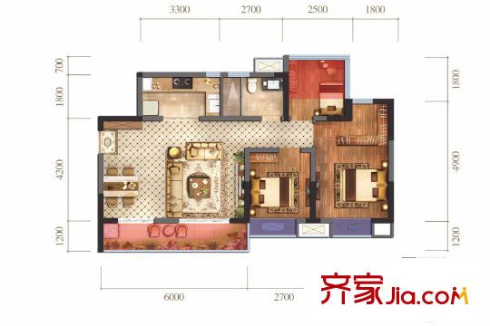 藍(lán)光圣菲悅城1期1批次2-11棟標(biāo)準(zhǔn)層B3’戶型 3室2廳1衛(wèi)1廚