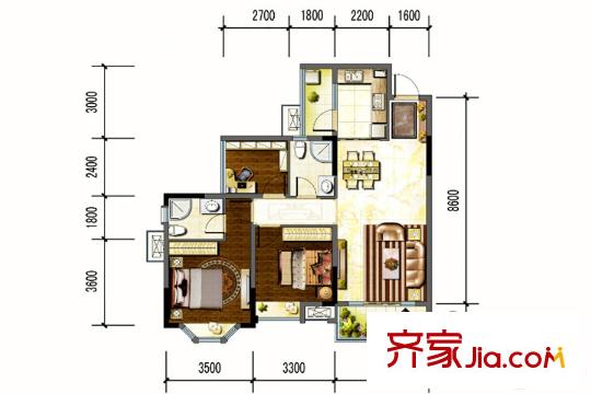 北大資源公園1898一期1、4、7、9號樓B1戶型標準層 2室2廳2衛(wèi)1廚