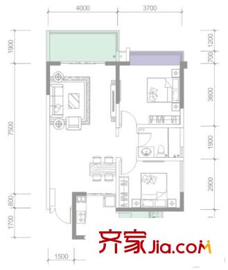 雅頌居二期二期6-7號樓標(biāo)準(zhǔn)層A2戶型 2室2廳1衛(wèi)1廚