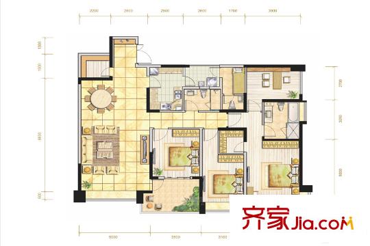 雅頌居二期二期9棟標(biāo)準(zhǔn)層E4戶型（售罄） 4室2廳2衛(wèi)1廚