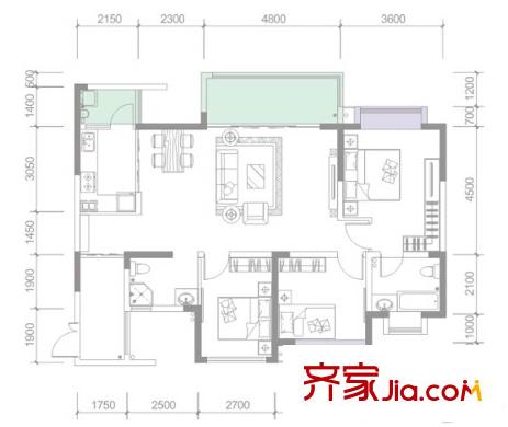 雅頌居二期二期6-7號樓標(biāo)準(zhǔn)層A3戶型 3室2廳2衛(wèi)1廚
