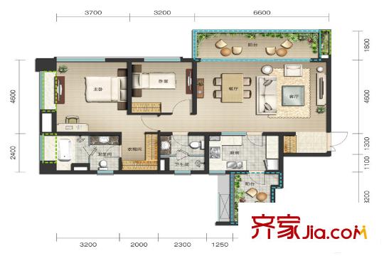 麓嶺匯3棟標(biāo)準(zhǔn)層B2戶型 2室2廳2衛(wèi)1廚