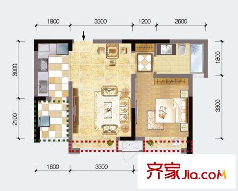 蒂梵尼T公館一期一號(hào)樓標(biāo)準(zhǔn)層D4戶型（售罄） 1室1廳1衛(wèi)1廚