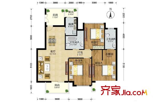 傳化國際新城17-20棟洋房1-3層戶型 3室2廳2衛(wèi)1廚