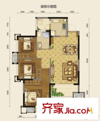歐尚花園2棟標(biāo)準(zhǔn)層A1戶型 3室2廳1衛(wèi)1廚