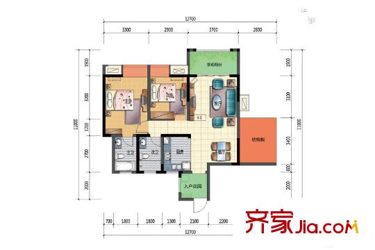 華僑鳳凰國際城三期標(biāo)準(zhǔn)層K1戶型 2室2廳2衛(wèi)1廚