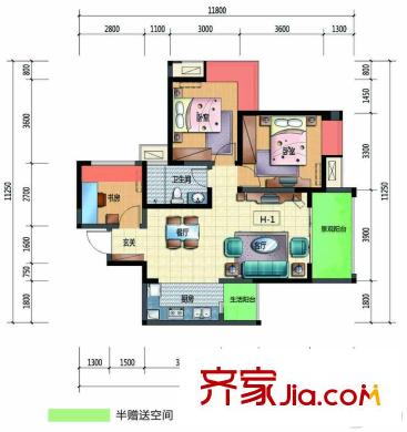 華僑鳳凰國際城三期19棟標(biāo)準(zhǔn)層H1戶型 2室2廳1衛(wèi)1廚