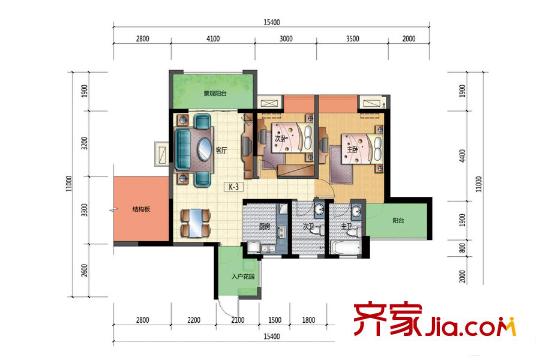 華僑鳳凰國際城三期標(biāo)準(zhǔn)層K3戶型 2室2廳2衛(wèi)1廚