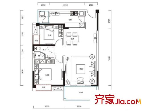 河畔新世界15、16棟標(biāo)準(zhǔn)層33D戶型 2室2廳1衛(wèi)1廚