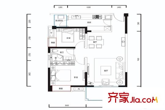 河畔新世界21、22棟標(biāo)準(zhǔn)層39C戶型 2室2廳1衛(wèi)1廚