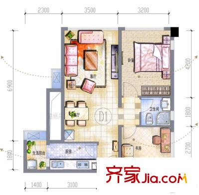 IMC國際廣場一期二單元AB座D1戶型 2室2廳1衛(wèi)1廚