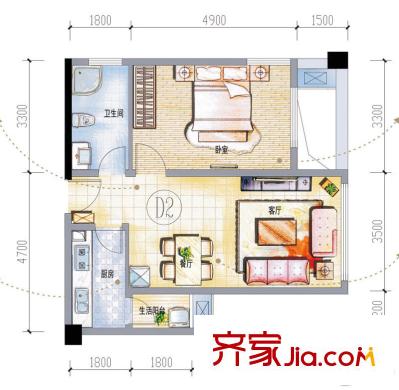 IMC國際廣場一期二單元AB座D2戶型 1室2廳1衛(wèi)1廚