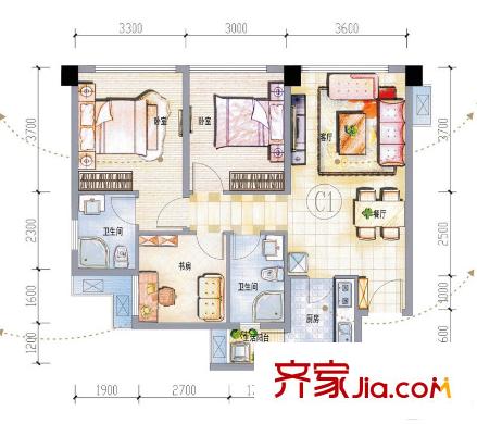 IMC國際廣場一期二單元AB座C1戶型 3室2廳2衛(wèi)1廚