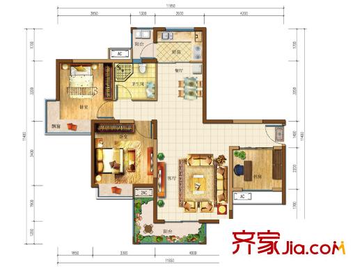 雄飛北尚廣場(chǎng)一期1號(hào)樓標(biāo)準(zhǔn)層1-3戶(hù)型 3室2廳1衛(wèi)1廚