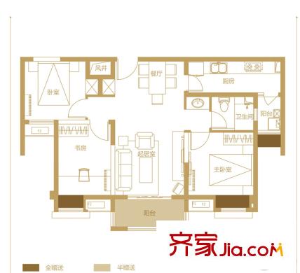 萬科五龍山翡翠洋房翡翠洋房1棟覽山洋房戶型圖 3室2廳1衛(wèi)1廚