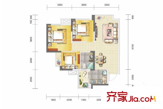 藍(lán)潤華府春天2期13號樓A―70戶型 3室2廳1衛(wèi)1廚