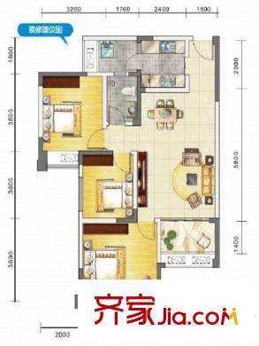 藍(lán)潤華府春天3，4號樓標(biāo)準(zhǔn)層A-80-1戶型 3室2廳1衛(wèi)1廚