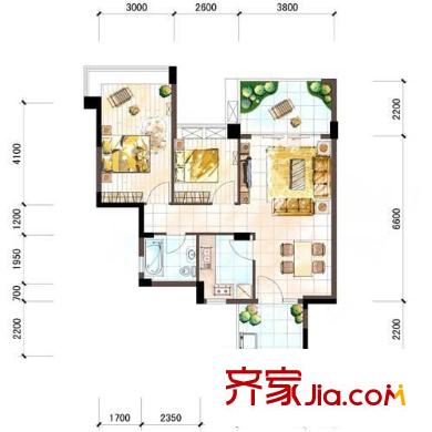 雅居樂十里花巷二期5號樓標(biāo)準(zhǔn)層H1-3戶型（售罄） 2室2廳1衛(wèi)1廚