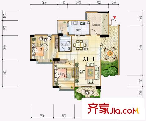 雅居樂十里花巷三期9號樓標(biāo)準(zhǔn)層A1-1戶型（售罄） 2室2廳1衛(wèi)1廚