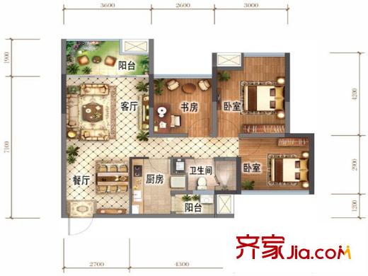 萬錦城1、2、11號樓標(biāo)準(zhǔn)層F3戶型 3室2廳1衛(wèi)1廚