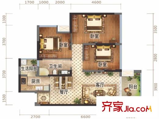 萬錦城1、2號樓標(biāo)準(zhǔn)層D1戶型 3室2廳1衛(wèi)1廚