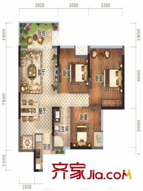 萬錦城1、2號樓標(biāo)準(zhǔn)層D6戶型 3室2廳1衛(wèi)1廚