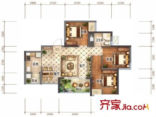 萬錦城1、2、11號樓標(biāo)準(zhǔn)層F2戶型 3室2廳1衛(wèi)1廚