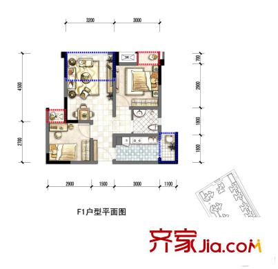 鼎犀名城一期9、11棟標準層F1戶型 2室2廳1衛(wèi)1廚
