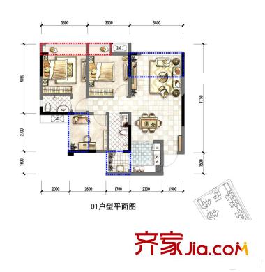鼎犀名城一期9、11棟標準層D1戶型 3室2廳2衛(wèi)1廚