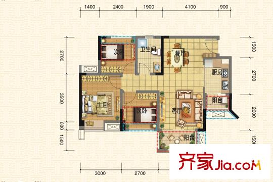 北大資源燕楠國際二期云錦一期5號樓標(biāo)準(zhǔn)層A1-3戶型 3室2廳1衛(wèi)1廚