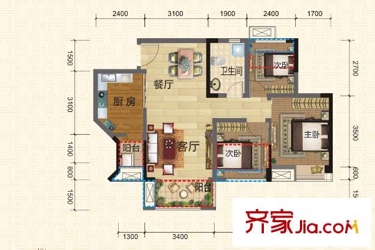 北大資源燕楠國際二期云錦一期5號樓標(biāo)準(zhǔn)層A1-4戶型 3室2廳1衛(wèi)1廚