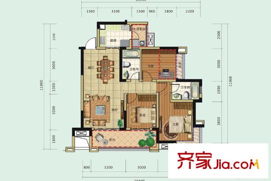 三利麓山城高層B戶型 3室2廳2衛(wèi)1廚
