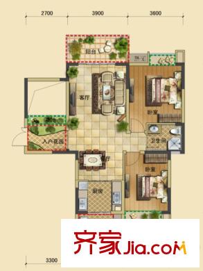 三利麓山城一期小高層8-11棟標(biāo)準(zhǔn)層E戶型（售罄） 2室2廳1衛(wèi)1廚