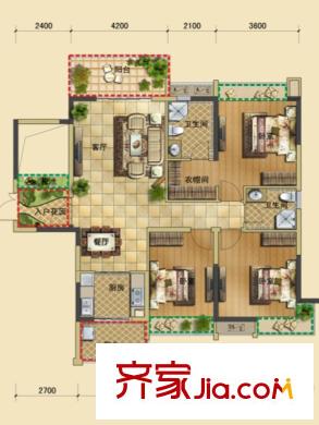 三利麓山城一期小高層8-11棟標(biāo)準(zhǔn)層D戶型（售罄） 3室2廳2衛(wèi)1廚