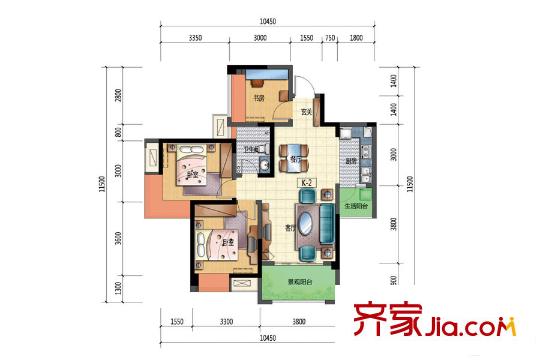 華僑鳳凰國際城三期標(biāo)準(zhǔn)層K2戶型 3室2廳1衛(wèi)1廚