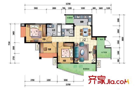 華僑鳳凰國際城三期標(biāo)準(zhǔn)層J2戶型 3室2廳2衛(wèi)1廚